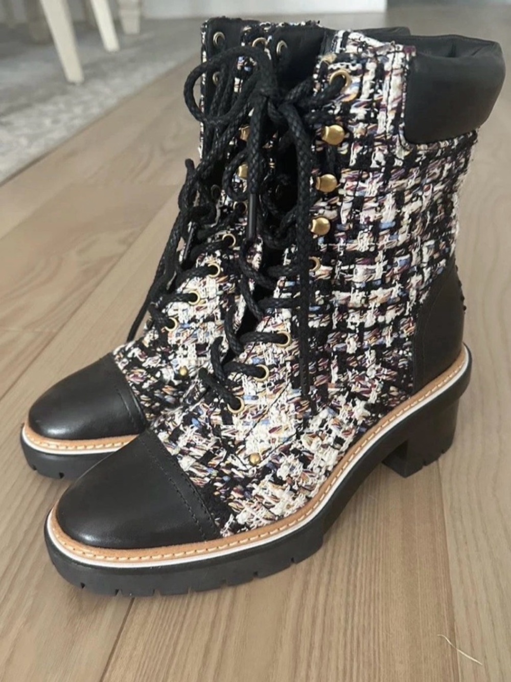 Tory Burch Black and Multicolor Tweed Lace-Up Ankle Boots, NO BOX